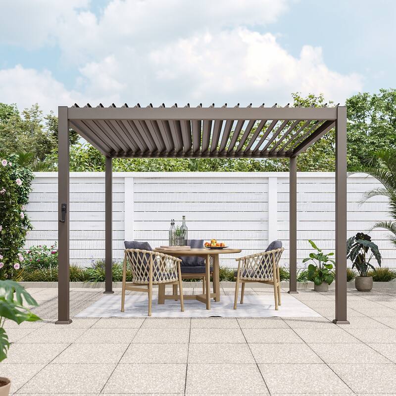Aluminum Steel Pergola, Outdoor Pergola with Adjustable Roof - 10x10FT - Brown