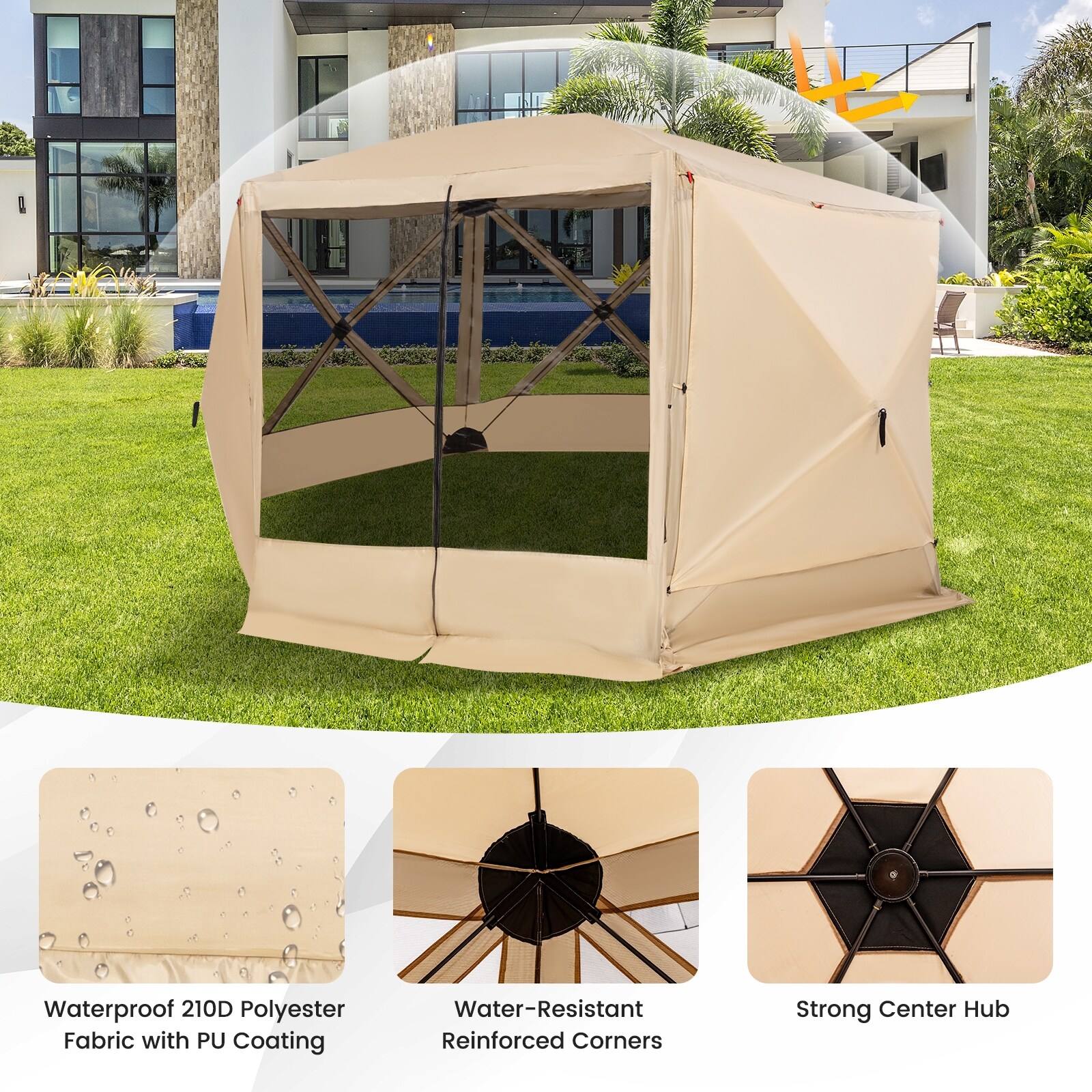 Costway 11.5 X 11.5 FT 6-Sided Pop-up Screen House Tent With 2