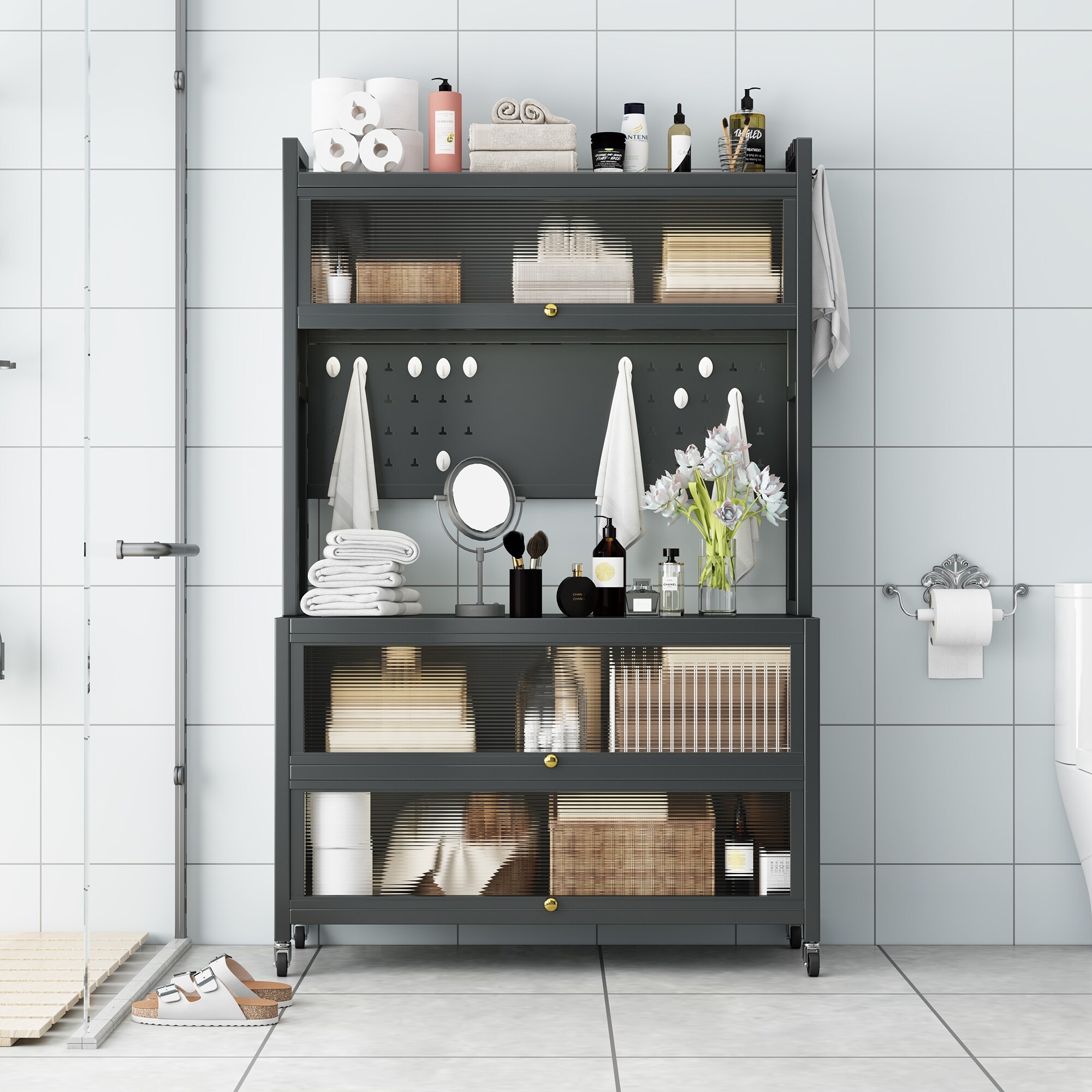 Kitchen Metal Storage Cabinets with Transparent Flip Door & 4