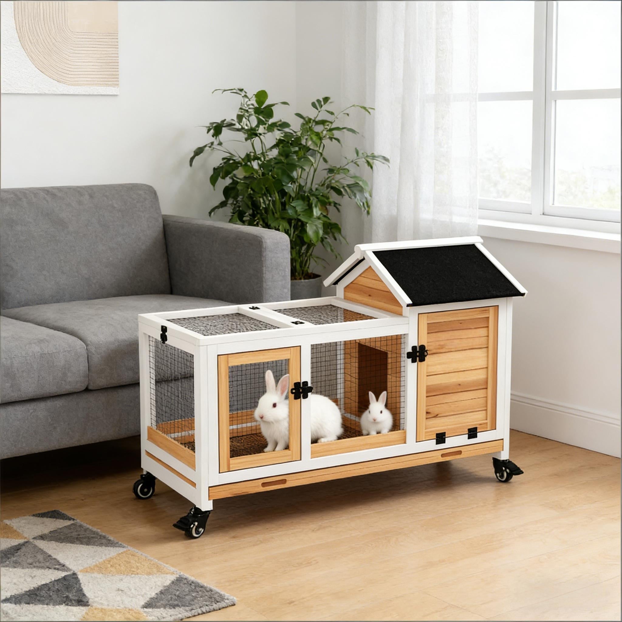 Pet Hutch,Wooden Rabbit Hutch is designed for convenient cleaning - White,Yellow