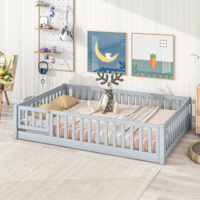 Twin/Full/Queen Size Floor Bed with Fence Guardrails and Door, Rubber Wood Toddler Bed Montessori Bed with Slats Support