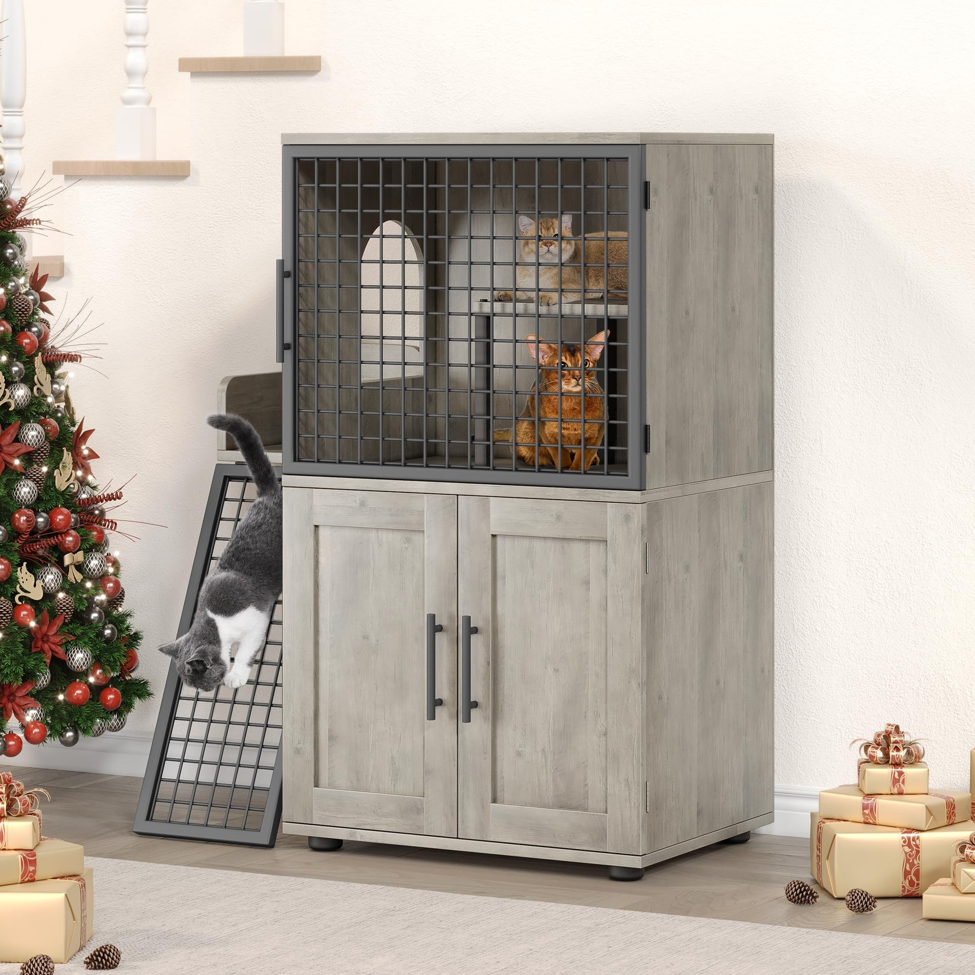 Modern Double Layer Cat Litter Box Enclosure Hidden Cat Litter Box Antique White