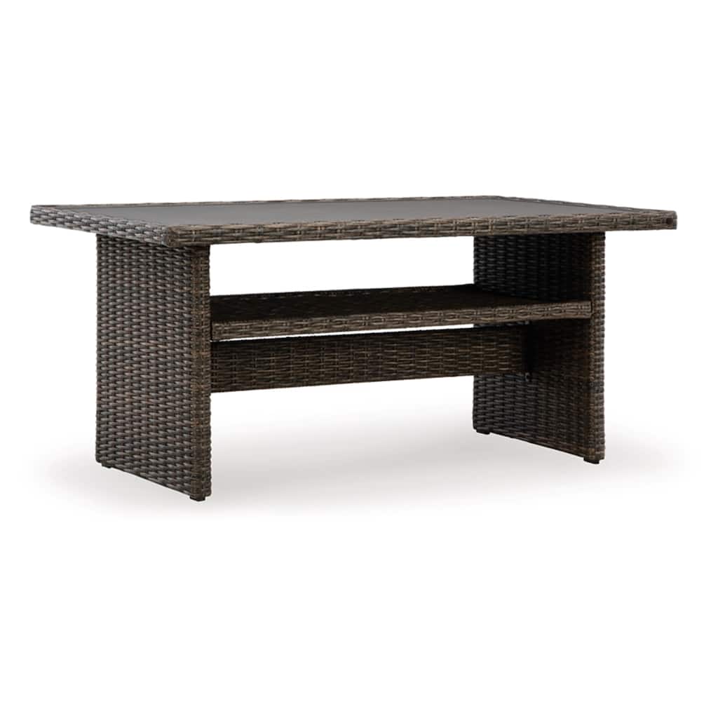 Soha 59 Inch Outdoor Multi Use Dining Table, Resin Wicker with Shelf, Brown