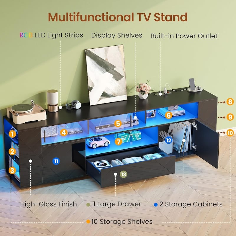 TV Stand for 70/75/80 Inch TV 1 Drawer and 2 Storage Cabinet Power Outlet