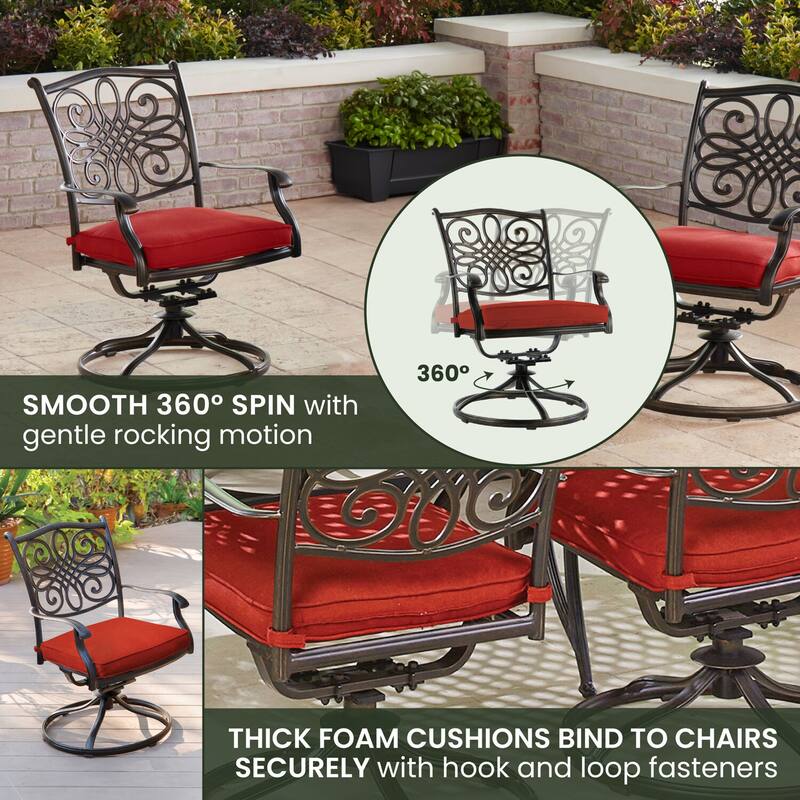 Hanover Traditions 7-Piece Dining Set in Red with a 60 In. Round Cast-top Table and Six Swivel Rockers