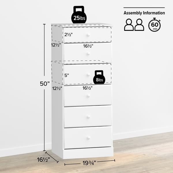 dimension image slide 0 of 2, Prepac Astrid Tall White Dresser 16 in D x 20 in W x 52 in H 6-Drawer Chest for Bedroom