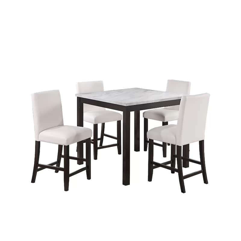 Wesley 5pc Dining Table Set, White Faux-Leather, Faux Marble, Dark Brown