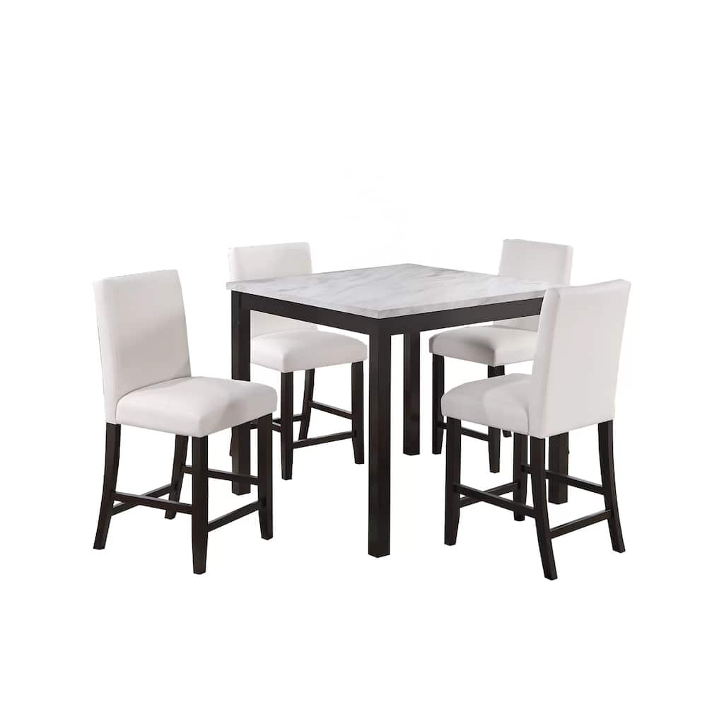 Wesley 5pc Dining Table Set, White Faux-Leather, Faux Marble, Dark Brown
