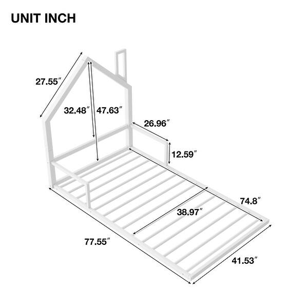 dimension image slide 1 of 3, Metal Floor Bed with House-shaped Headboard and Fence for Boys and Girls