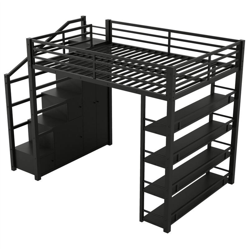 Full Size Loft Bed with Bulit-in Wardrobe and Cabinets, Metal Loft Bedframe with Storage Staircase and Open Shelves