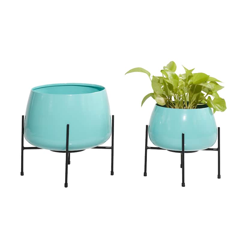 Metal Rounded Dome Indoor Outdoor Planter with Removable Stands - Set of 2 Teal, Yellow, Orange - Roche River Decor - Teal