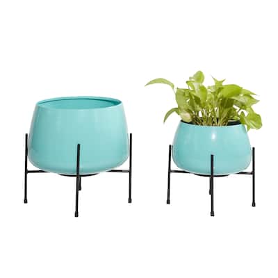 Metal Rounded Dome Indoor Outdoor Planter with Removable Stands - Set of 2 Teal, Yellow, Orange - Roche River Decor