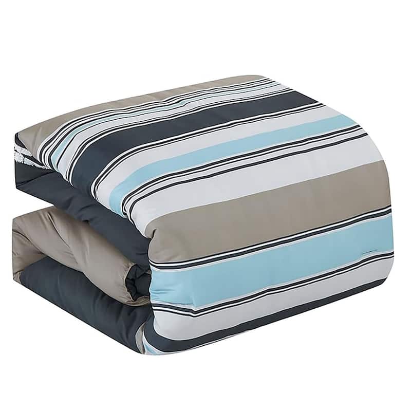 7 Piece Navy Light Blue Striped Comforter Set Embroidery Soft Bedding