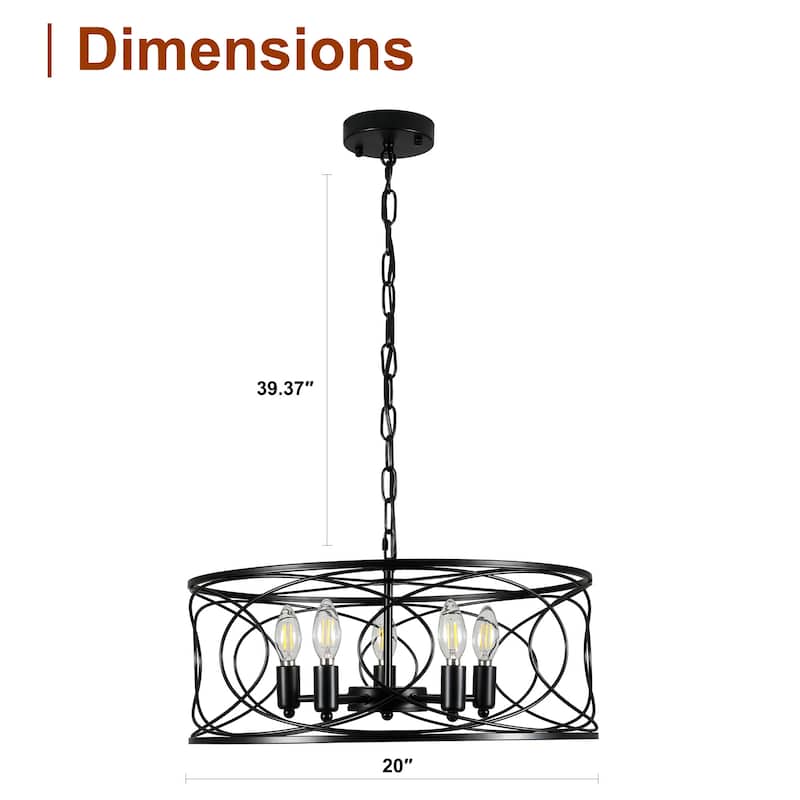 CurveCurio 20" Matte Black Industrial Caged Lights w 5 Lights, Adjustable Hanging Chain up to 70 inch for Dinging Area and Foyer