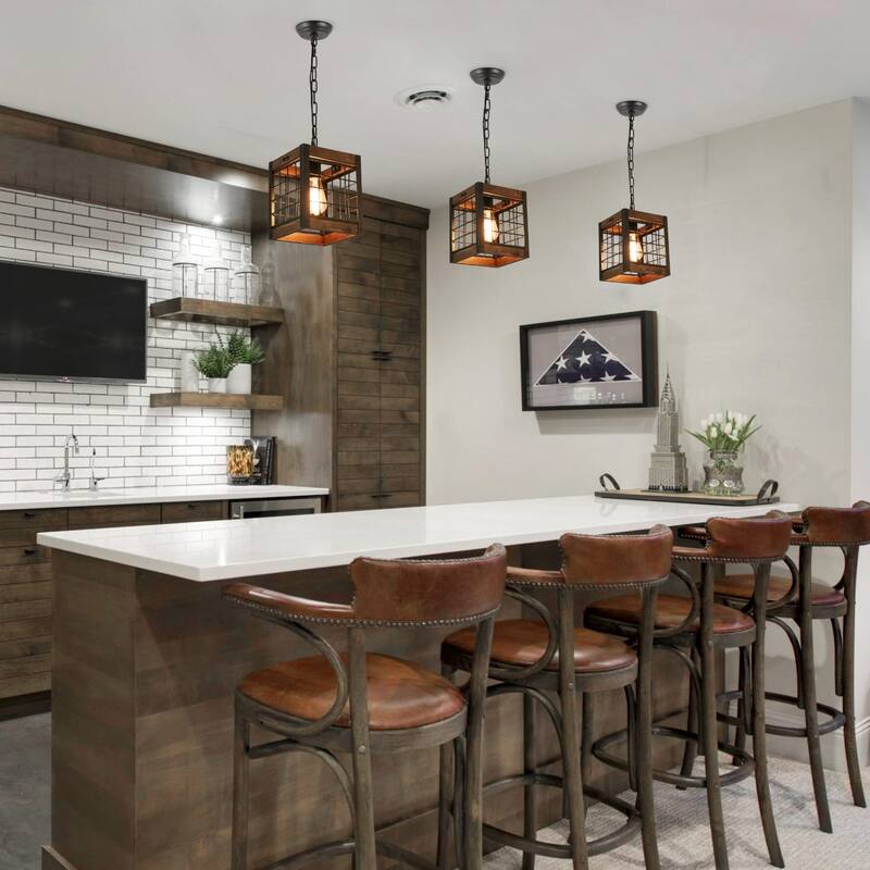 Anmytek Rustic Kitchen Pendant Lighting Fixture Industrial Wood Metal Chandelier for Dining Room