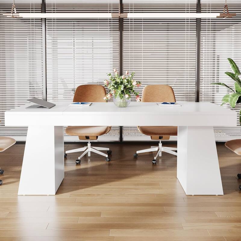 Conference Table, Modern Meeting Table with Thick Tabletop and Trapezoidal Legs