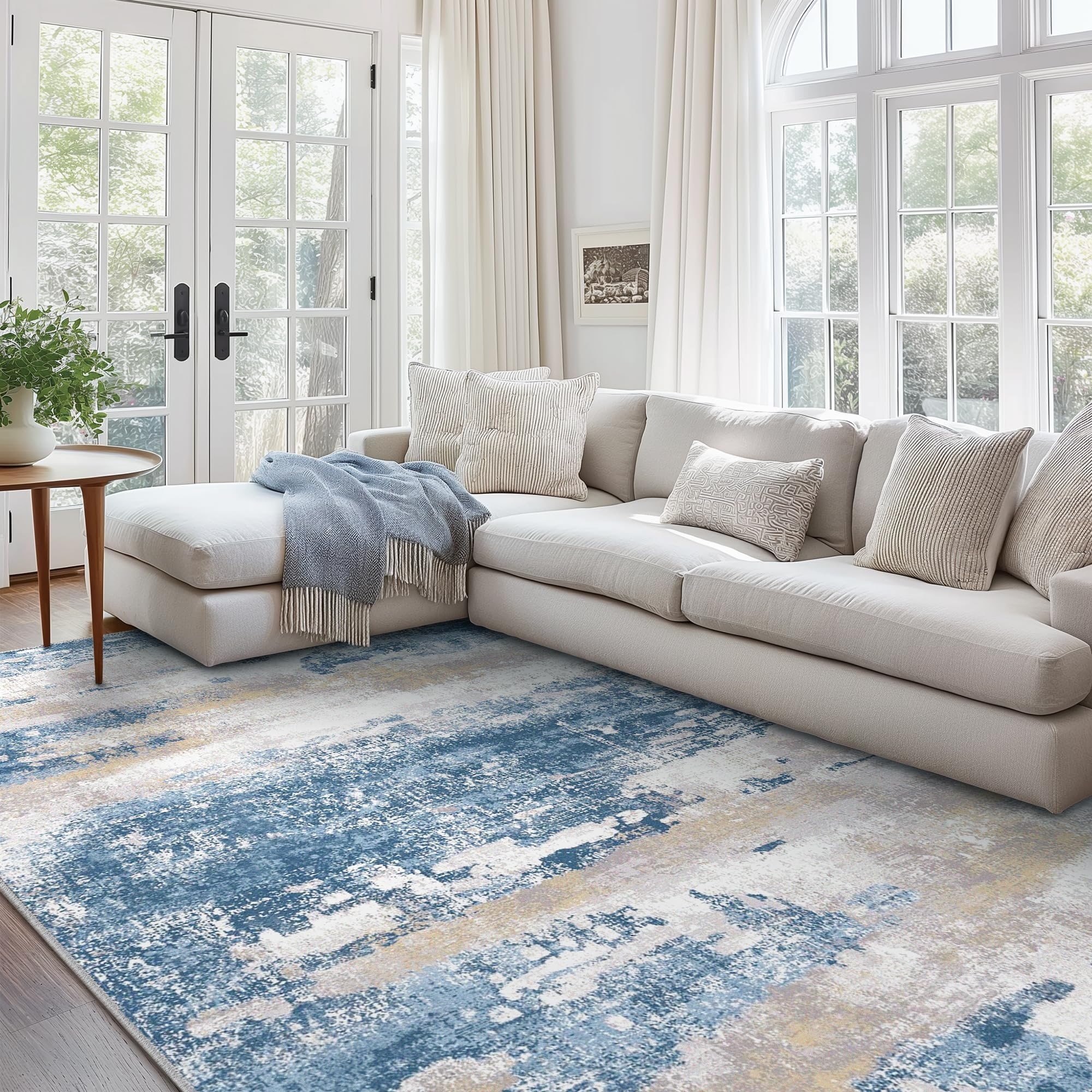 Mcow Modern Abstract Blue & Cream Low-Pile Area Rug - On Sale