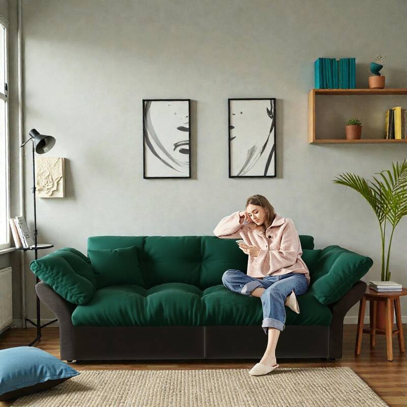 74.8 Inch Queen Pull Out Sofa Bed, 3 in 1 Convertible Velvet Sleeper Loveseat with Tufted Cushions