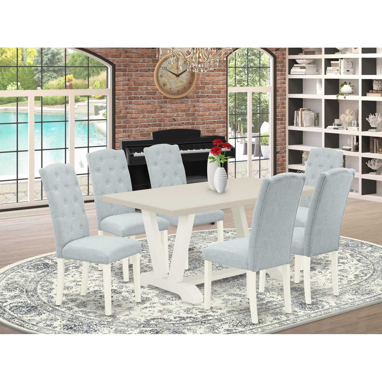 HomeStock 7-Piece Rectangle Natural Oak Finish Solid Wood Top Dining Table with 6 Chairs