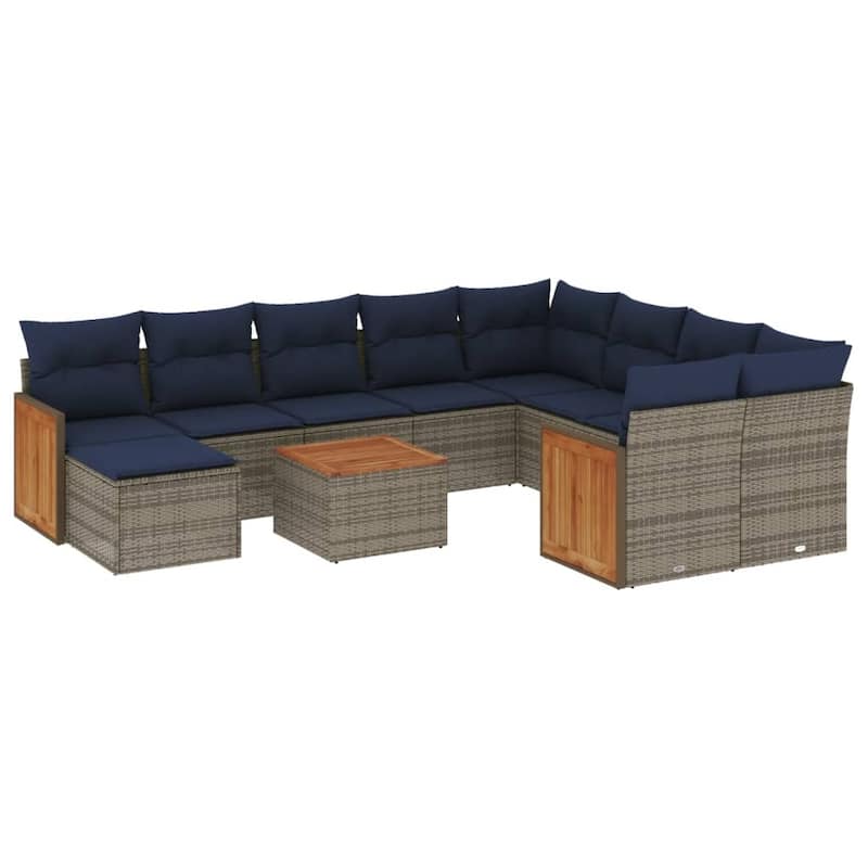 vidaXL 11 Piece Patio Sofa Set with Cushions Black/Gray Poly Rattan - 21.7 x 24.4 x 27.2
