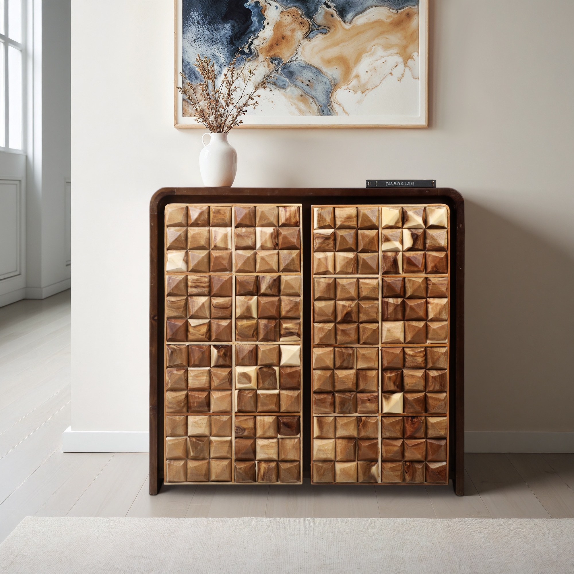 Wood Cabinet Textured Geometric Door Decorative Accent - 32" Brown - 33.0"