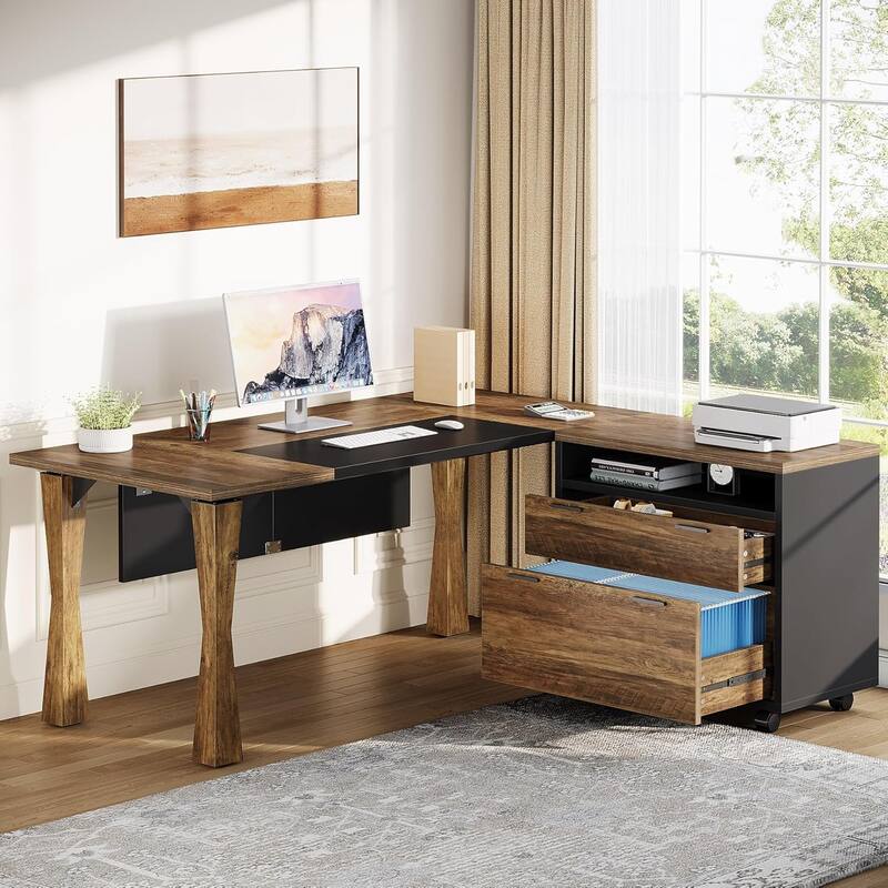 Rustic Wood L Shaped Desk Executive Desk with Drawers - Brown and Black