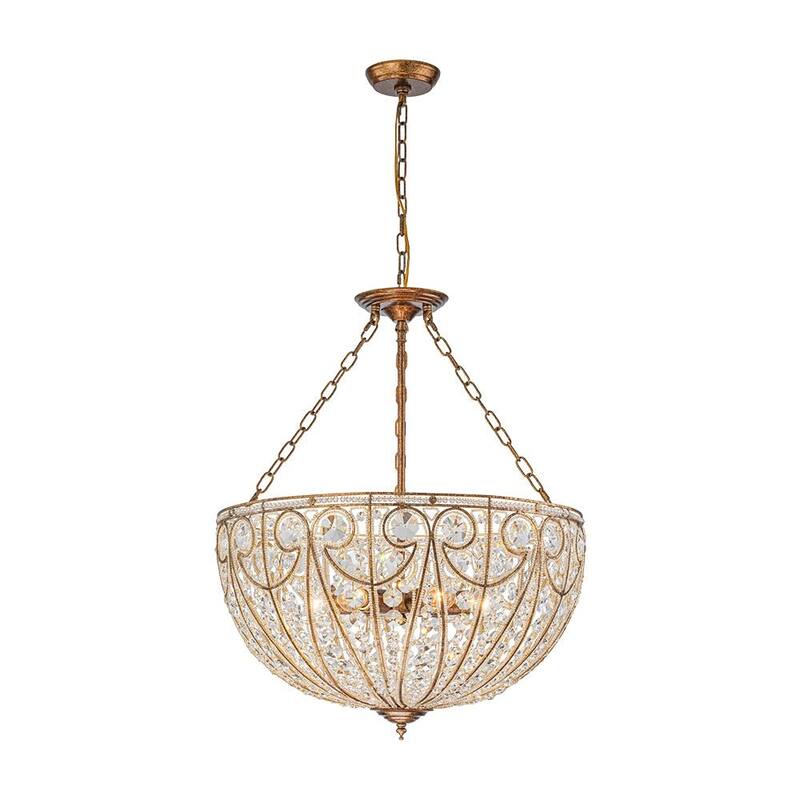 Spanish Antique Gold Bronze Crystal Accented Basket Cage Chandelier