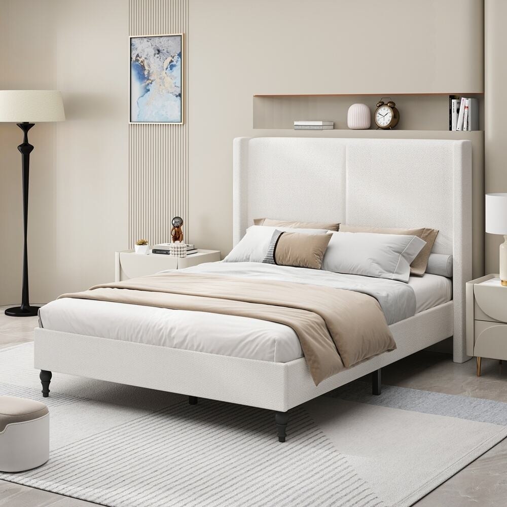 Boucle Fabric Bed Frame with High Back Upholstered Headboard
