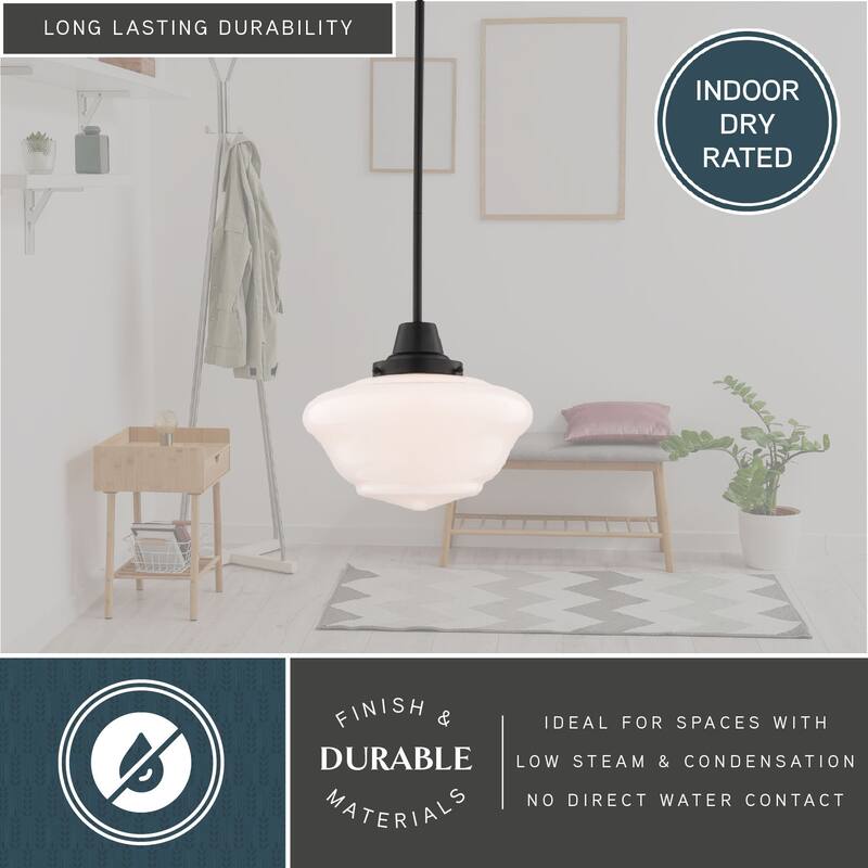 VAXCEL Eastgate 1-Light 12 in. Wide Schoolhouse Mini Pendant, White Frosted Opal Glass Shade, Hanging Ceiling Fixture