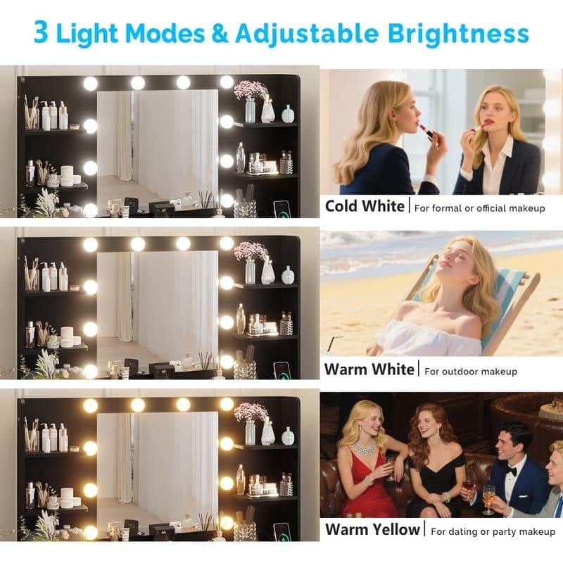 Particle Board Laminated with Textured Melamine, 7-Drawer 4-Tier Shelf, with 10 Three-Color Dimmable Bulbs, Dressing Table Set