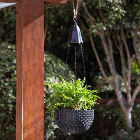 30"H Solar Lighted Plastic Hanging Planter, Black/ White/ Tan by Glitzhome
