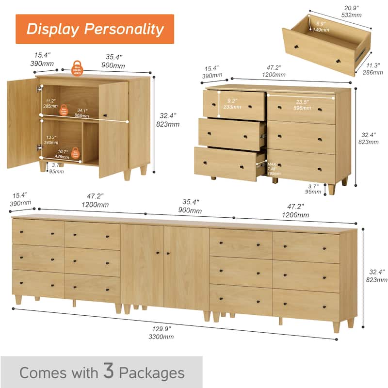 Wood Dresser with 12 Drawers and 1 Cabinet for Bedroom, 130" Wide