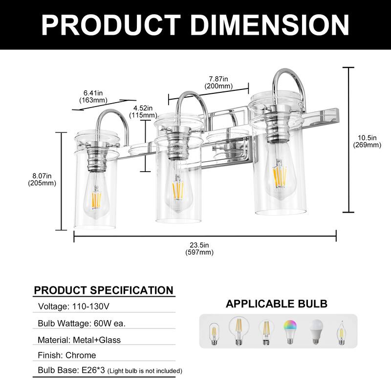 YANSUN 23.5 in. 3-Light Chrome Vanity Light Fixtures for Bathroom with Elegant Clear Glass Shades - OA-JQ31401CCH-3A**