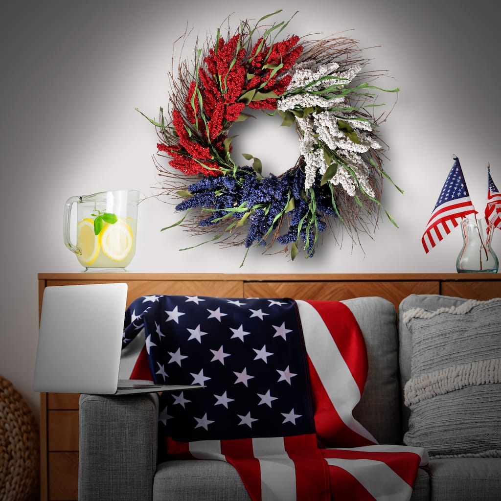 Americana Astilbe Red, White, and Blue 24-inch Decorative Wreath
