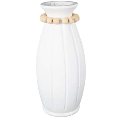 Magnesium Oxide Vase with Light Brown Beads and Carved Grooves - White - Roche River Decor