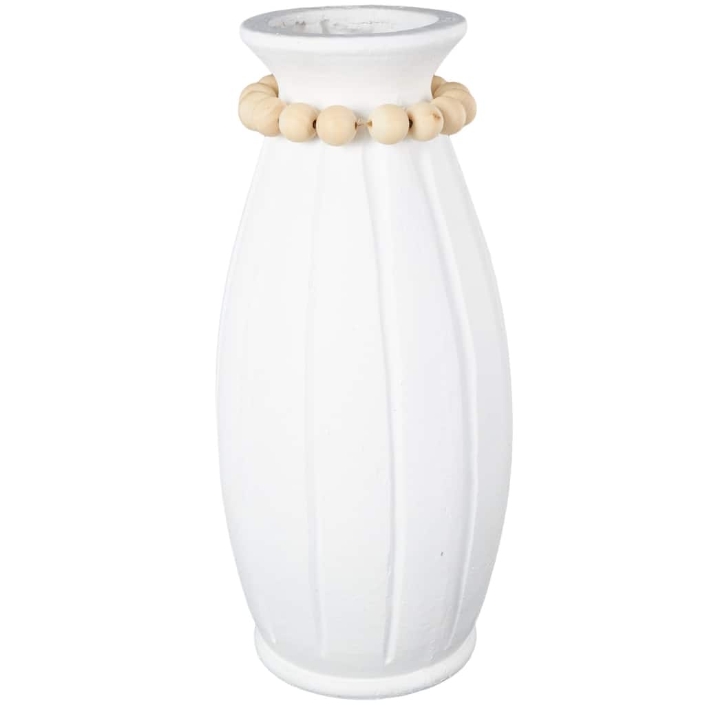 Magnesium Oxide Vase with Light Brown Beads and Carved Grooves - White - Roche River Decor