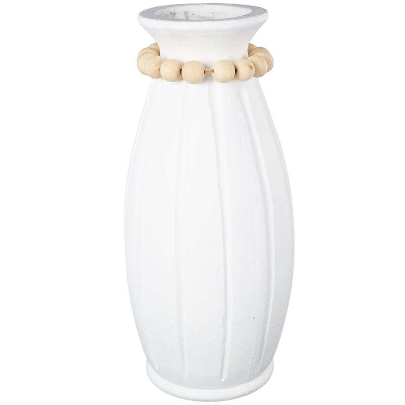 White Magnesium Oxide Decorative Vase with Light Brown Beads and Carved Grooves