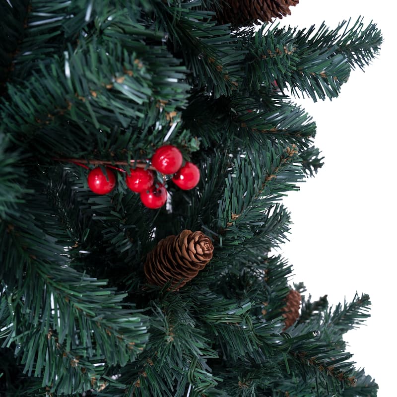 6.5ft Pencil Christmas Tree Prelit pre-Decorated with Pine Cones Red Berries 250 Warm Lights and Metal Stand