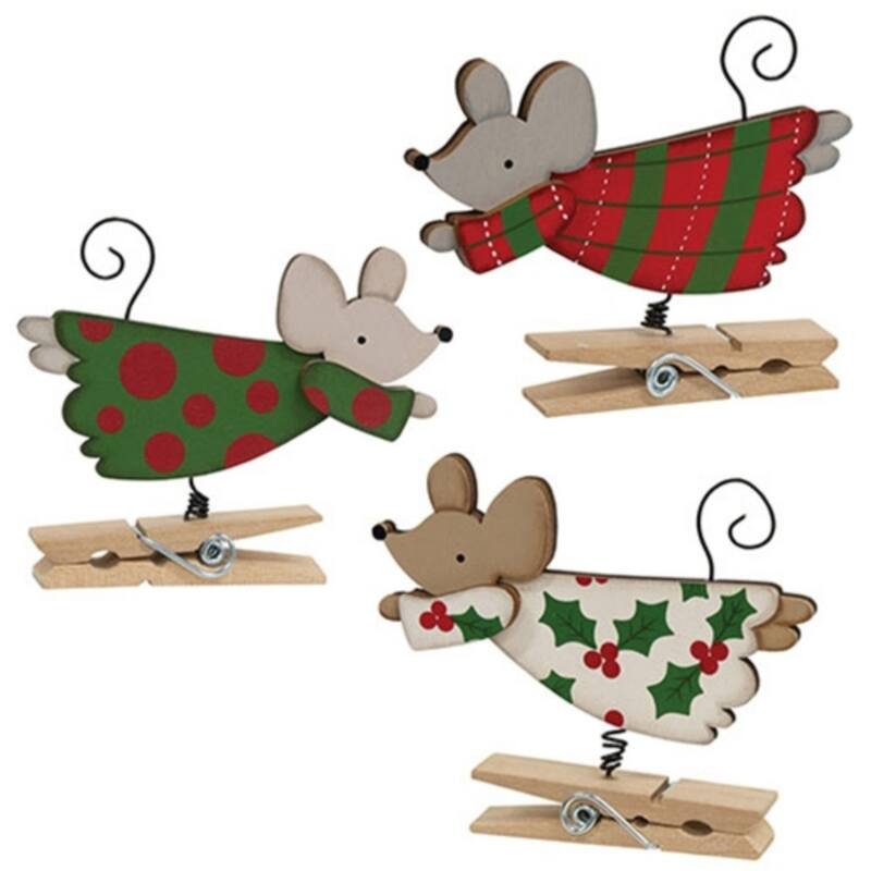 Layered Wooden Flying Mouse Clips Grey Brown White Tabletop and Shelf Ornaments 3 Asstd. - 3.75”H x 4.5”W x 0.75”D