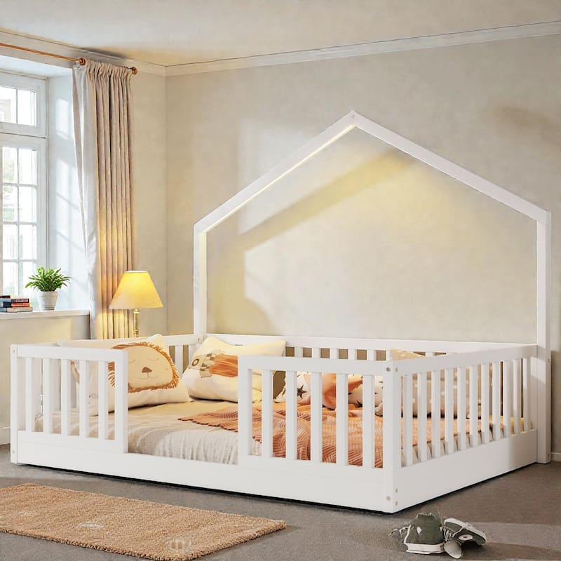 Wood Floor Bed with High Guardrails and LED Light, Montessori Style Low Profile Bed for Kids - White - Full