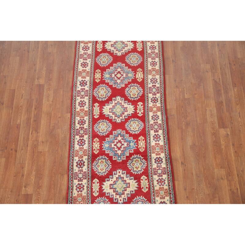 Hand Knotted Oriental 100% Wool Carpet Traditional Geometric Red Kazak Runner Rug - 6' 8'' X 2' 9''