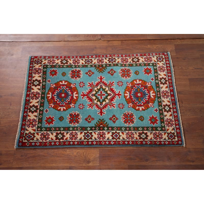 Turquoise Blue Kazak Foyer Rug Handmade Oriental Wool Carpet - 1'11" x 2'11"