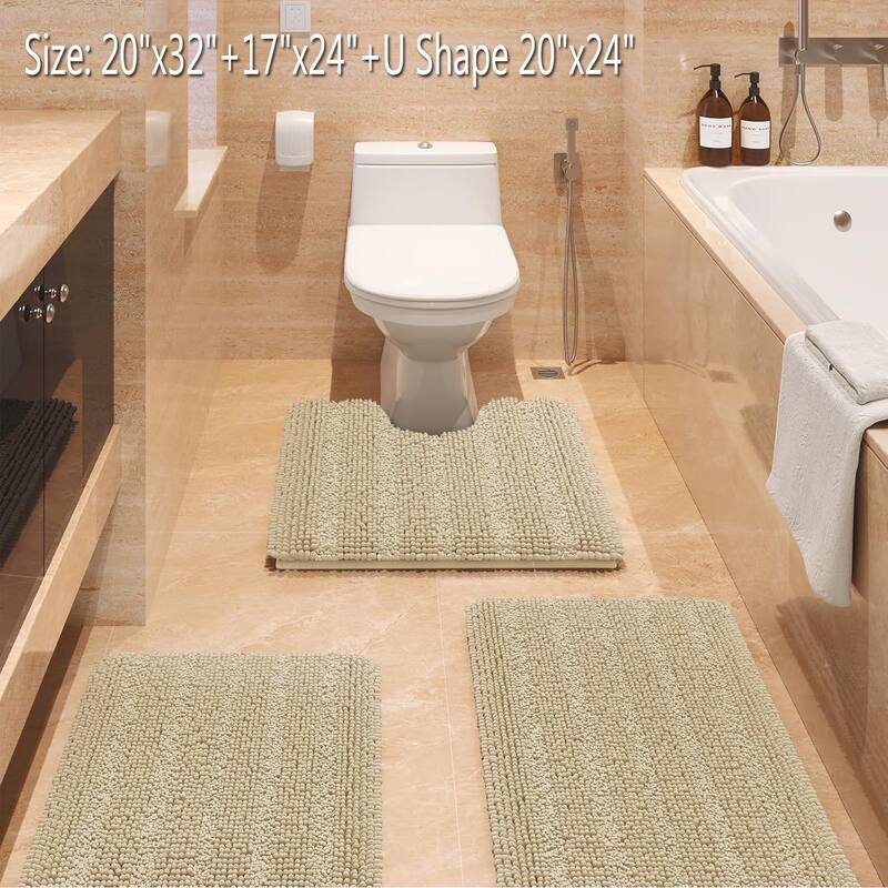 Ultra Soft Striped Non Slip Chenille Bathroom Rug Set 3 Pieces