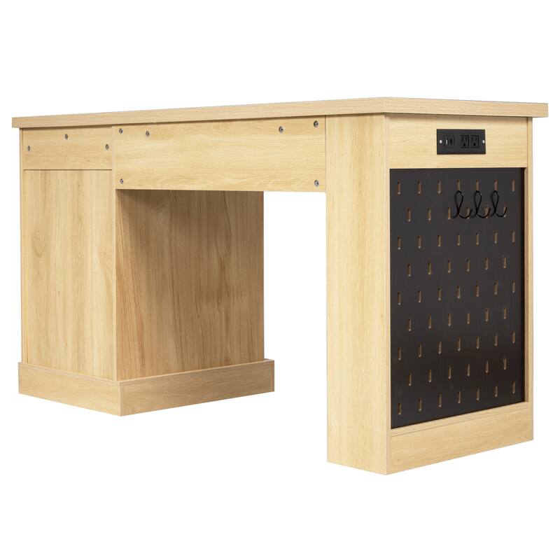 Roomfitters 55" Modern Fluted Office Desk with Charging Station, Storage Cabinet & Pegboard