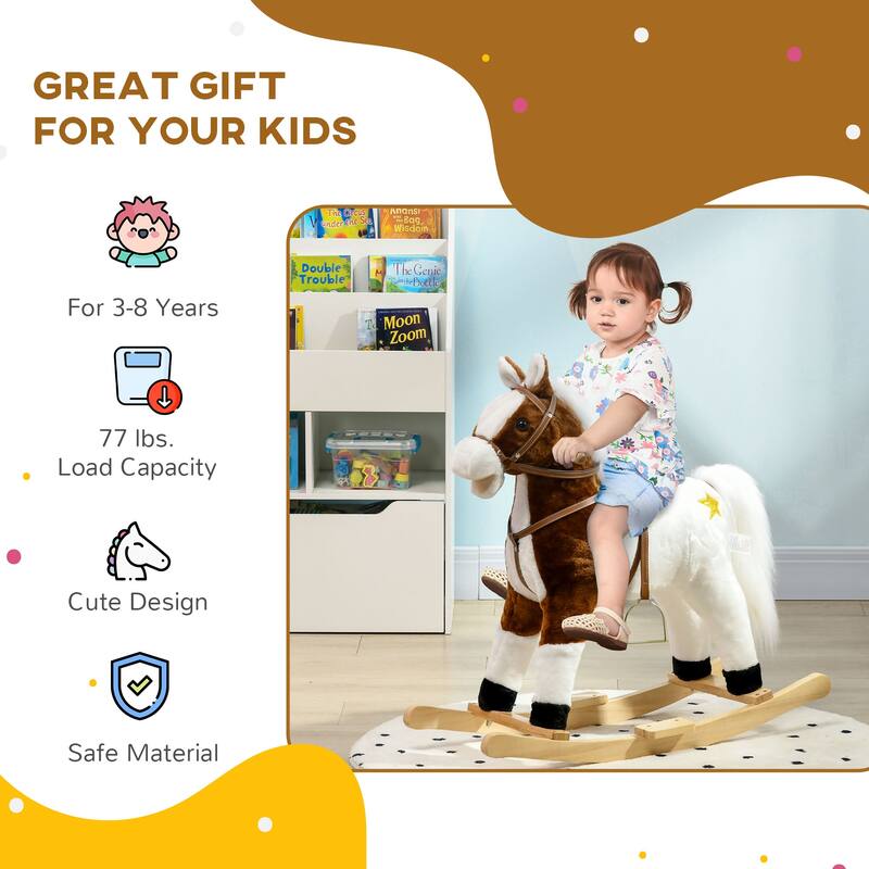 Kids Plush Rocking Horse with Authentic Neigh Sounds, Saddle, and Stirrup for 3-8 Years Old - Comfortable Velvet Fabric