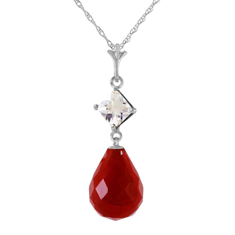 9.3 Carat 14K Solid Gold Gemstone Necklace Elegant White Topaz Ruby - 20 Inch - White