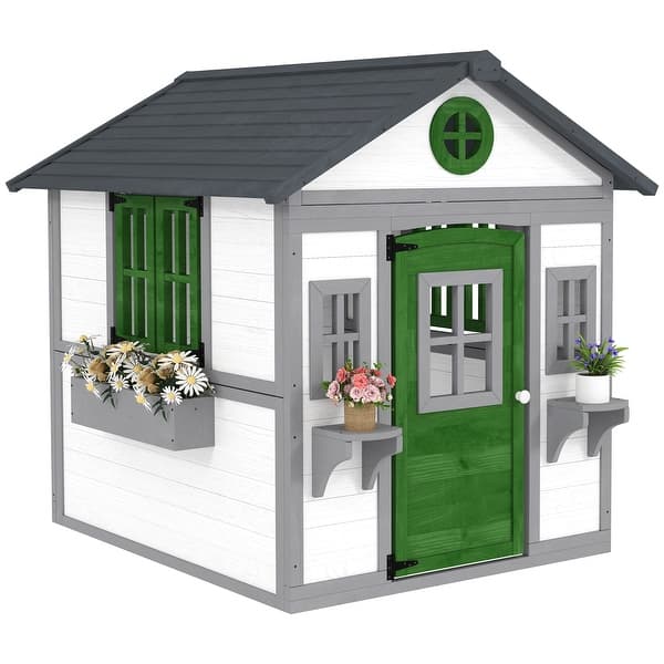 slide 2 of 16, Outsunny Outdoor Kids Playhouse, Wooden Playhouse with Doors, Windows, Planter Pots and Boxes for Toddlers 3-8 Years white