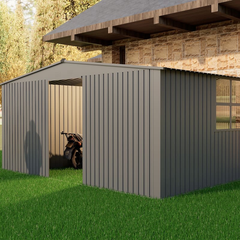 14x12 ft Outdoor Storage Shed, Metal Shed Firewood Shed, Grey