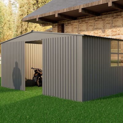 14x12 ft Outdoor Storage Shed, Metal Shed Firewood Shed, Grey