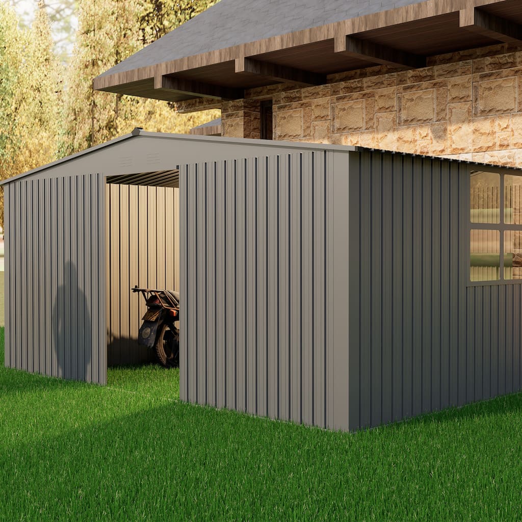 14x12 ft Outdoor Storage Shed, Metal Shed Firewood Shed, Grey